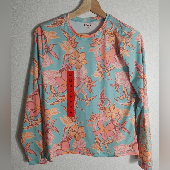 NWOT - Roxy Ladies' Sun Protection Tee Blue & Orange Floral – Size M - Picture 3 of 4
